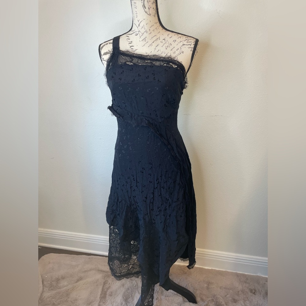 Anthropologie Black Asymmetrical Lace maxi Dress size 4 one shoulder - Picture 4 of 6